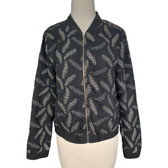 BKE Boutique Gold Leaf Bomber Jacket Size Medium Navy Blue Full Zip Pockets - Picture 1 of 12